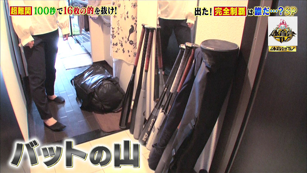 たくさんのバットや使い古されたボールがある自宅
