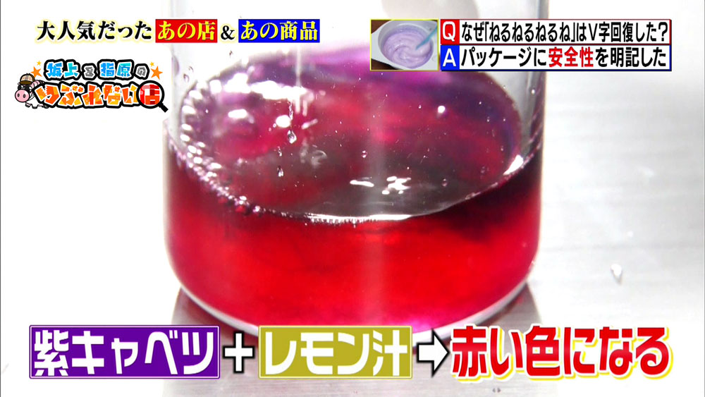 「紫キャベツ＋レモン汁＝赤い色に変化」